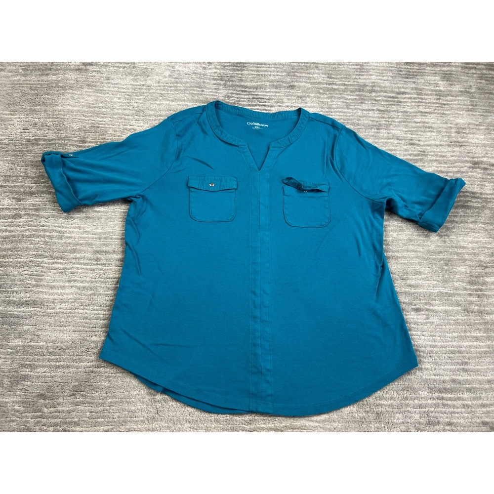 Croft & Barrow Top Women XXL Teal Blue Short Sleeve Roll Tab Cotton Henley Shirt